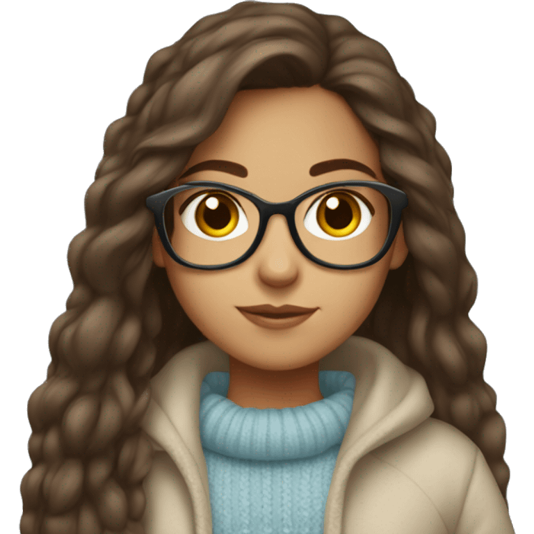 hispanic girl, long brown hair, brown eyes, full body, glasses, young, light blue winter sweater emoji