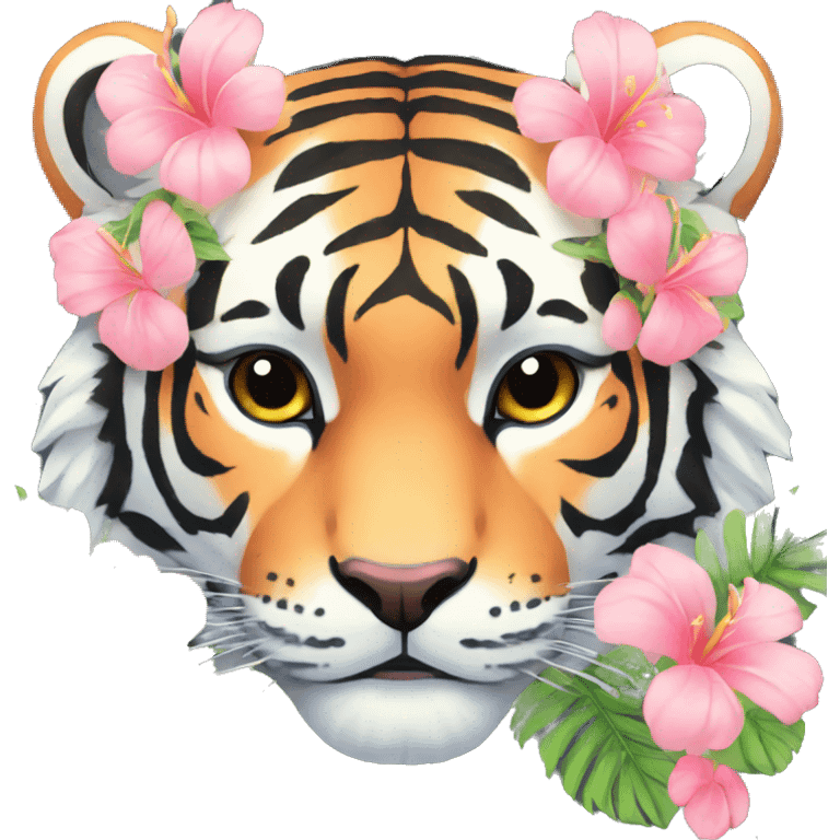 Pixel art of a pastel tiger wearing tropical flowers and leaves, flower crown, floral  emoji