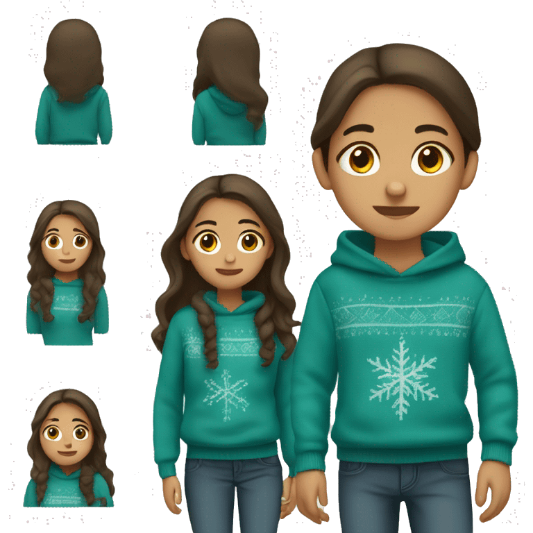 winter, christmas, hispanic, long brown hair, girl, brown eyes, child, full body, teal sweater emoji