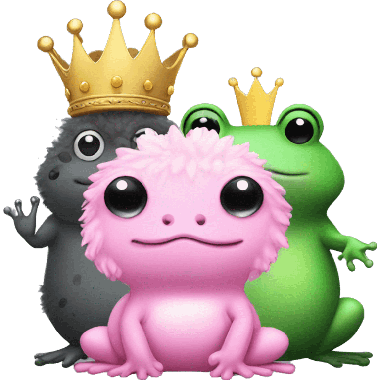 Fluffy pink frog stuffed animal with crown sits next to green fluffy twin. Behind them sits a fluffy dark gray seal with black spots.  emoji