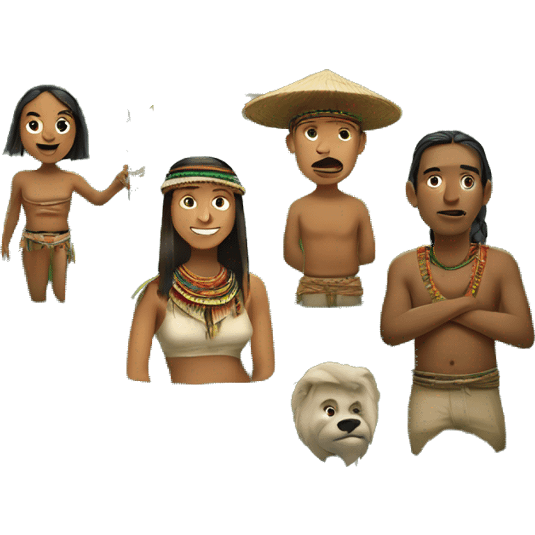 An emoji of a tribe in the Amazon rainforest, featuring simple huts, dense jungle surroundings, and people wearing traditional attire, symbolizing a close-knit community living in harmony with nature emoji