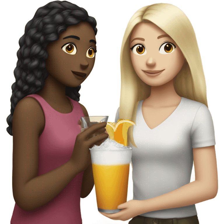 Blonde girl handing brunette girl a drink emoji