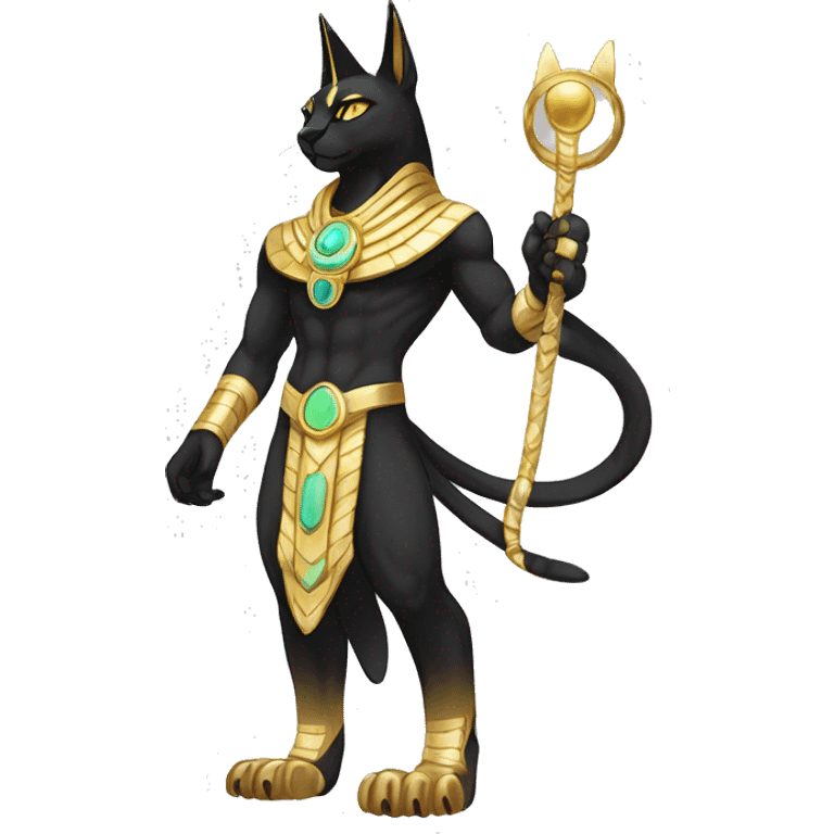 Black godly overpowered ethereal majestic Egyptian Cat-Fakemon. Golden Anubis-Rings and yellow ring-markings. Full body emoji