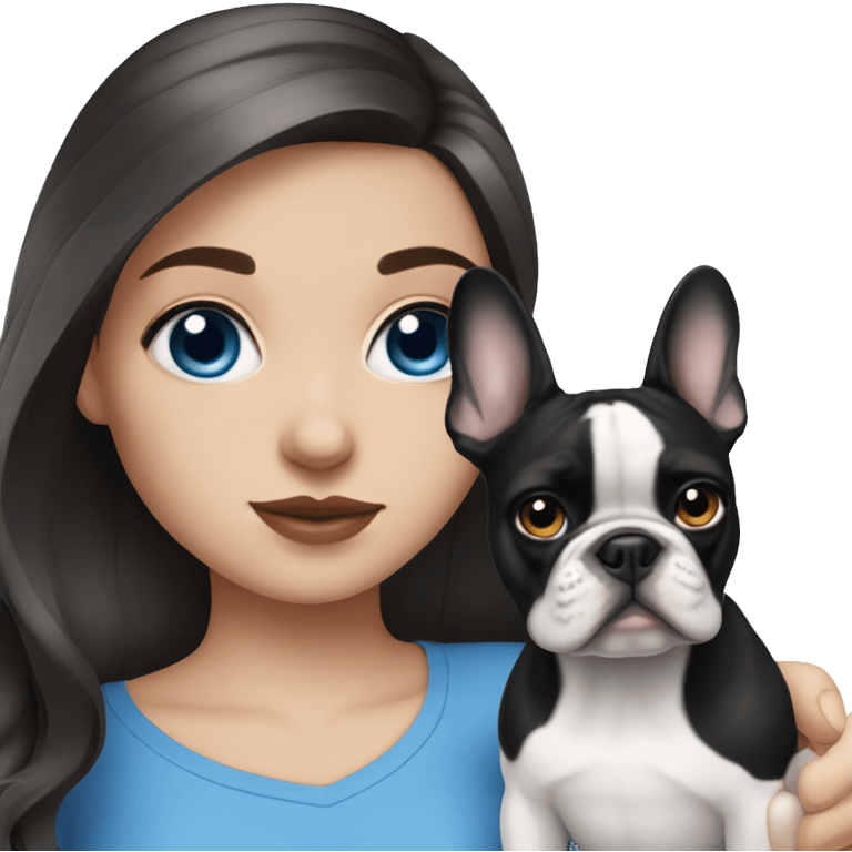 Brunette girl with blue eyes and a black-white french bulldog emoji