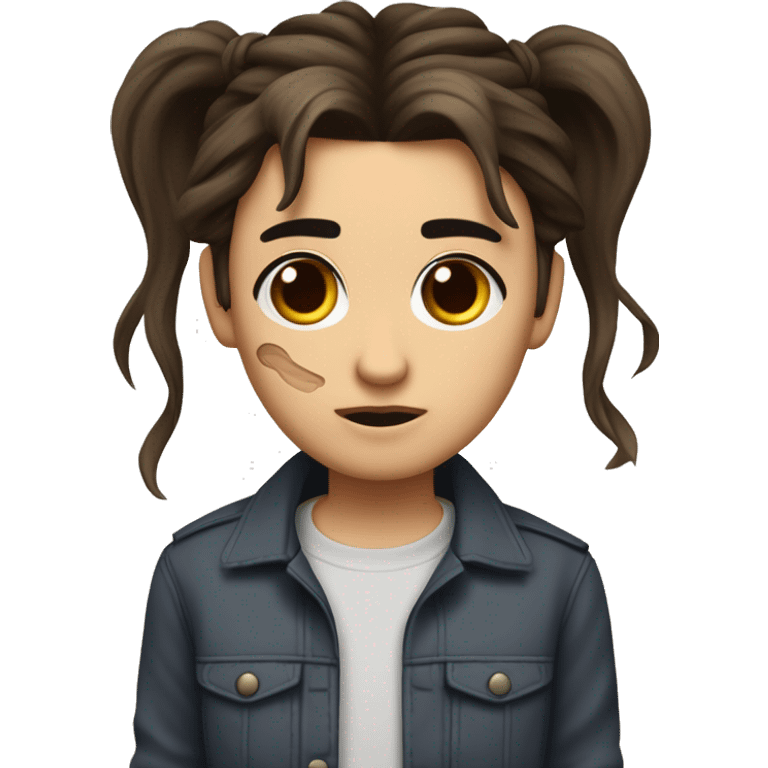 long dark brown stringy hair tied into two high ponytails that jut upward and outward. has small dark brown eyes with slightly thin eyebrows and a blood mark that extends from both sides of his face across the bridge of his nose. emoji