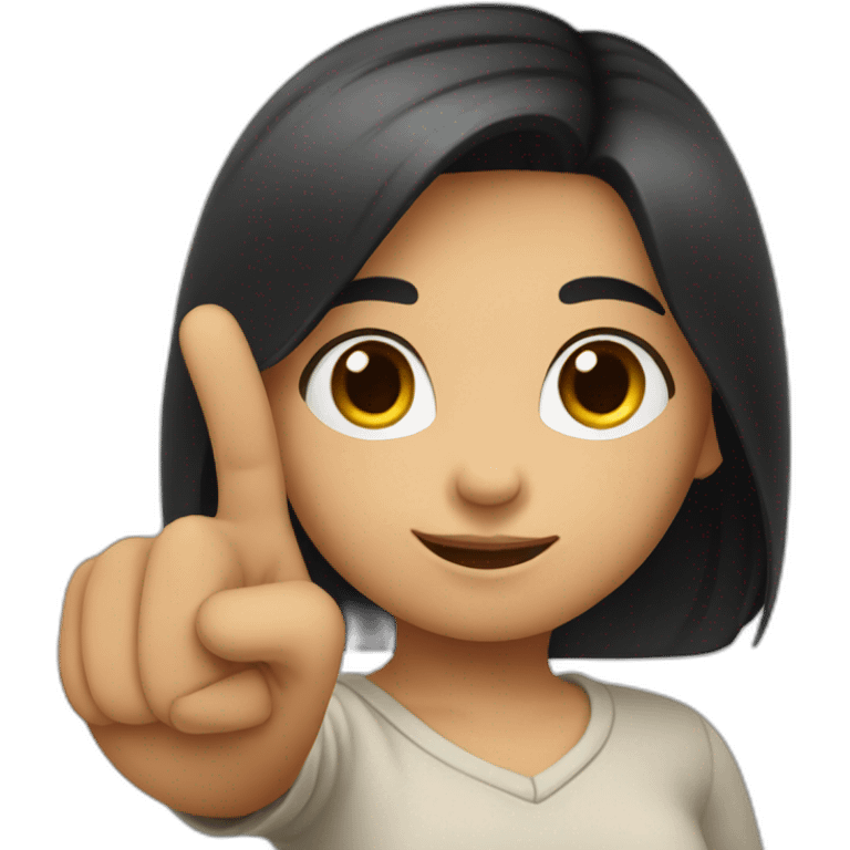 small girl with dark hair pointing her pointing finger up from behind emoji