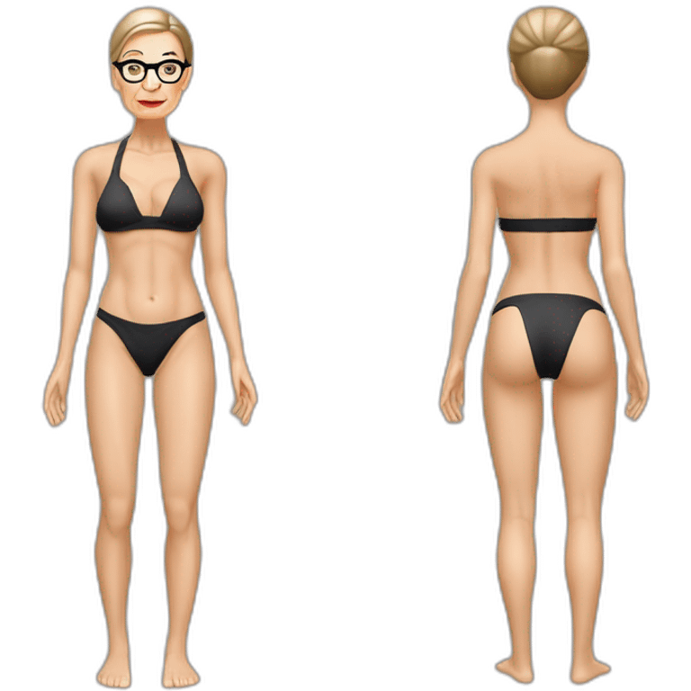 sexy ruth bader ginsburg wearing string bikini top and a skirt acting out that scene from basic instinct sitting facing forward legs apart(full body, ios17, sitting legs spread apart) emoji