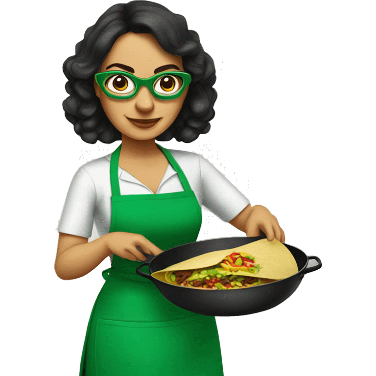 mexican lady green apron  with glasses cooking tacos emoji