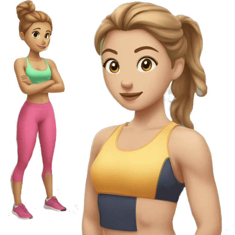 young lady with big greenish eyes, a round nose, light brown hair tied up in a bun with a muscular woman doing spinal exercises at the gym emoji