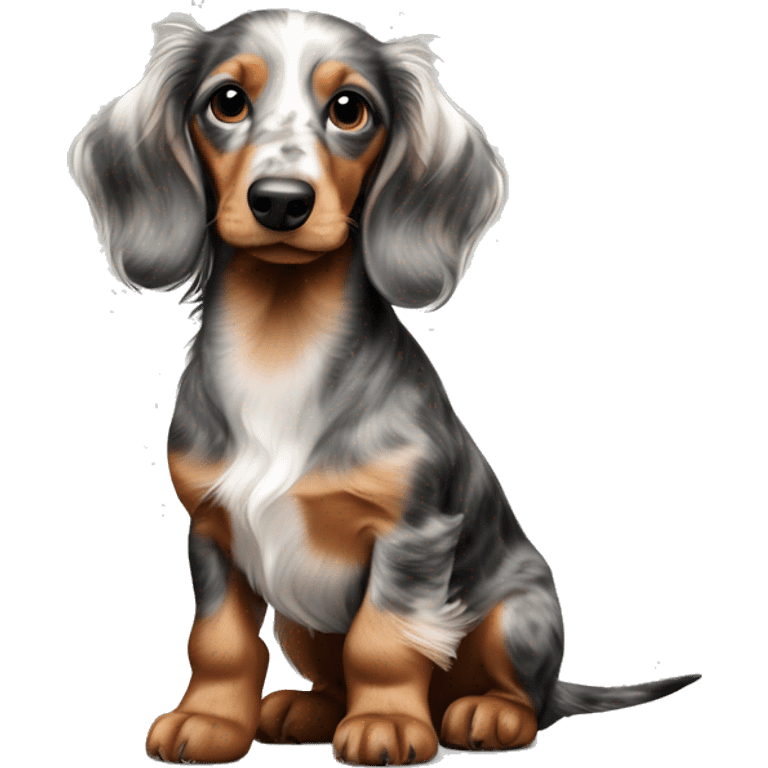 Tri Merle long haired Dachshund Puppy full body emoji