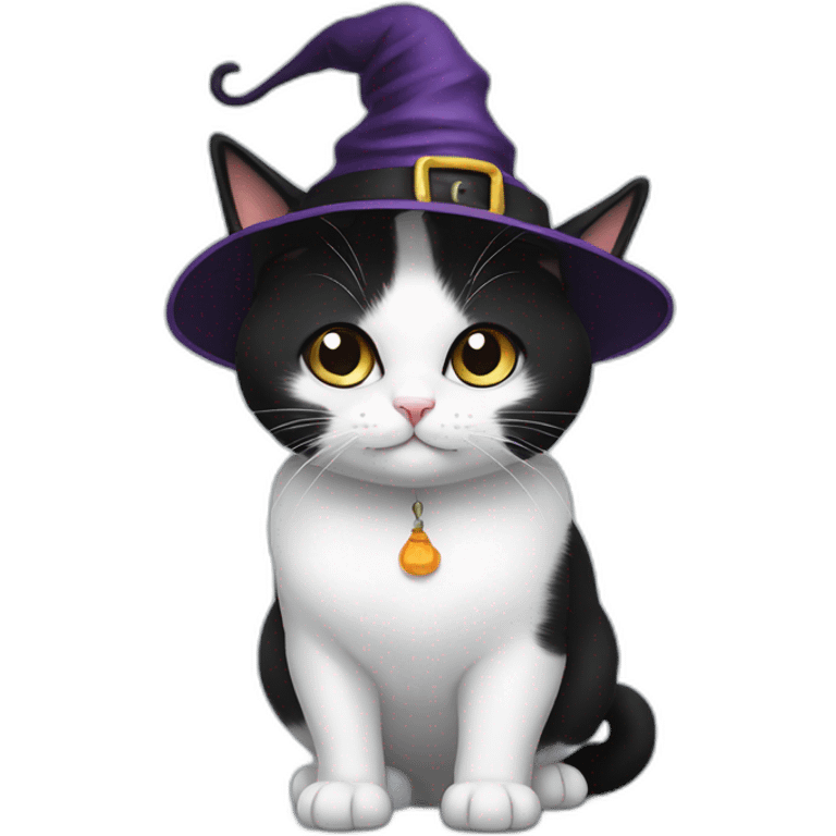 Black and white munchkin cat with a witch hat emoji