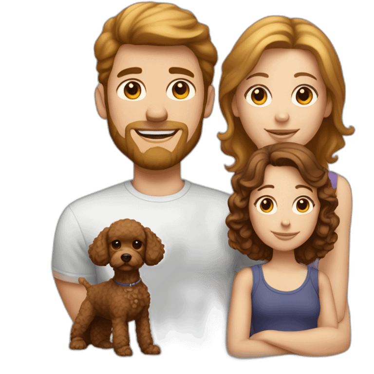 A family consisting of 1 white man with light brown hair, 1 white woman with dark brown hair and a toy poodle with brown hair, heads alone and no children emoji