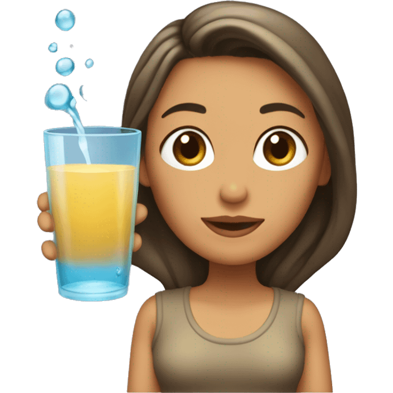 Mujer con cabello castaño largo ondulado, con un vaso de agua para tomar  emoji