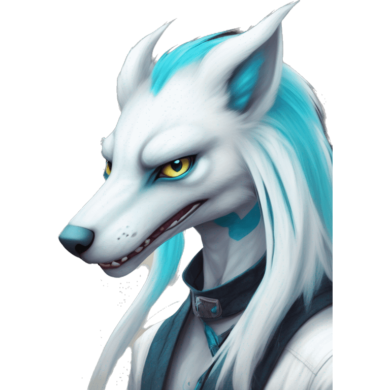 White badass elegant wild beautiful natural cute badass epic anthro modern albino sergal-vernid-creature with cyan mane with cyan edgy stripes, full body, blue pretty hair, outside, modern, aesthetic, art by LiLaiRa, art by art by Falvie emoji