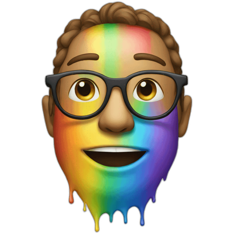 a rainbow with a human face with glasses, a smile and some paint emoji