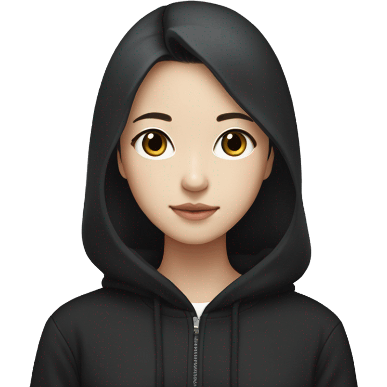 A korean girl with black hoodie (not wearing hood), black hair with between medium and long length, tall, skinny, has pretty face emoji