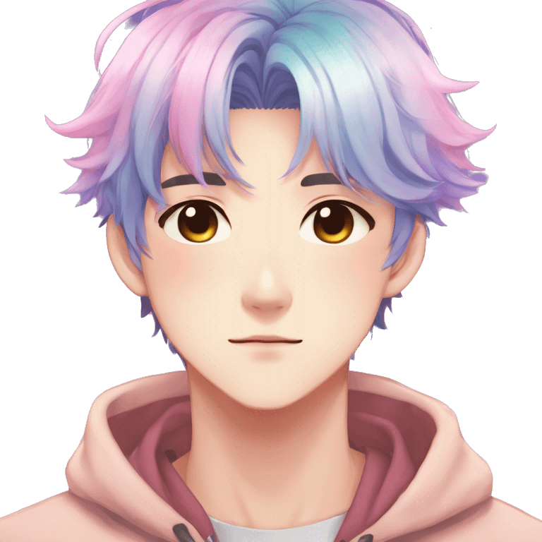 Gorgeous anime style shojo dude with blushing face aesthetic and pretty colorful shiny gradient pastel hair trending style emoji