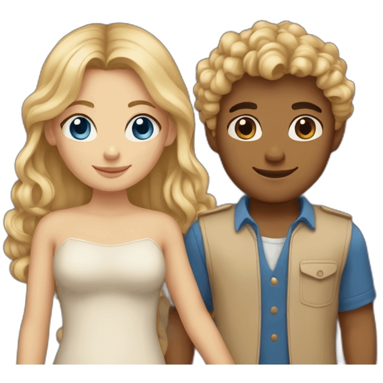 blonde girl with tan skin and blue eyes holding hands with tan boy with long curly brown hair emoji