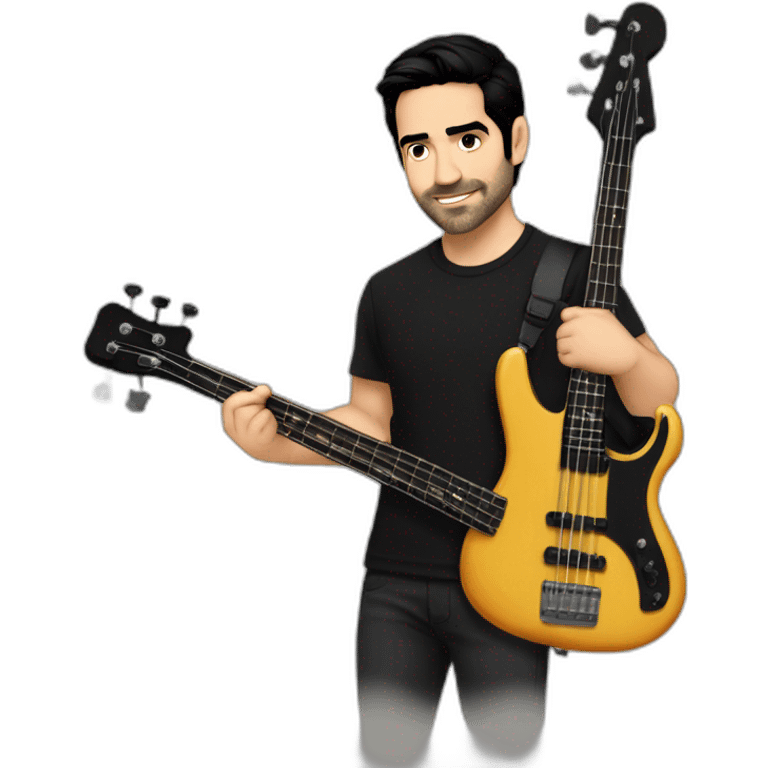 Alfonso Herrera, very strong, short black hair, wearing a black shirt, playing electric bass emoji