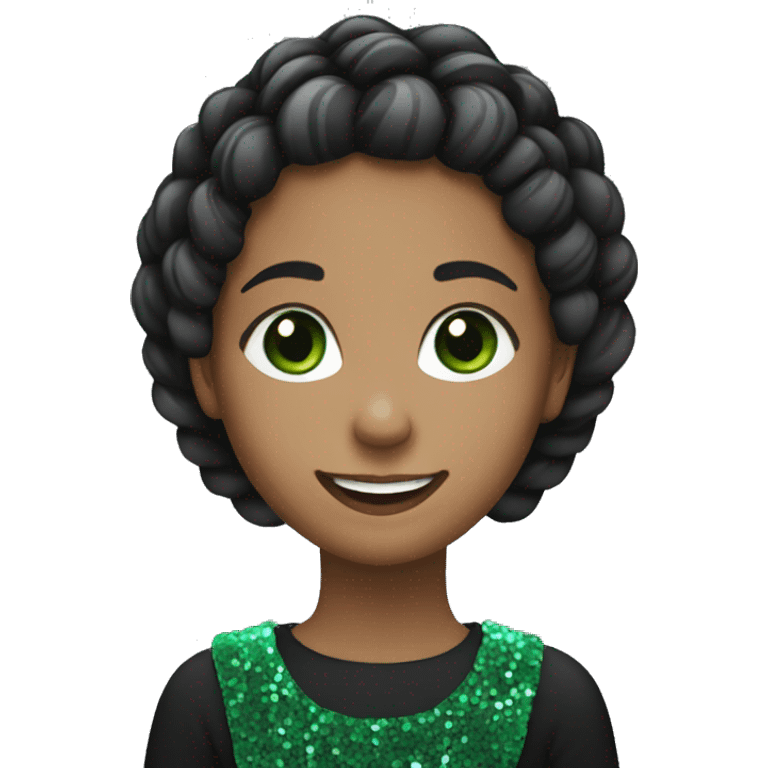 smiling girl with braided hair wearing black with green sequins emoji