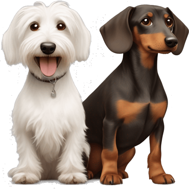 Scruffy white terrier dog and smooth coat brown dachshund dog who are friends  emoji