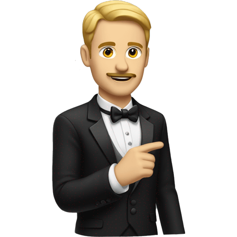 White man with short mustache wearing tuxedo raising right hand emoji