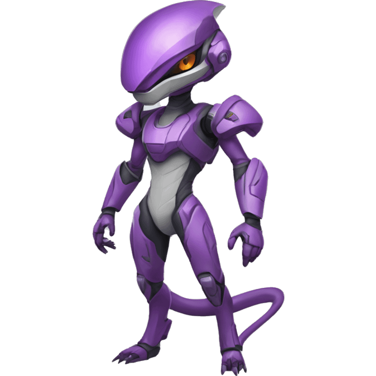 A Reptile-Raptor-Genesect-Mewtwo-Fakémon, with a futuristic visor-helmet, wearing a techwear-suit, Full Body emoji