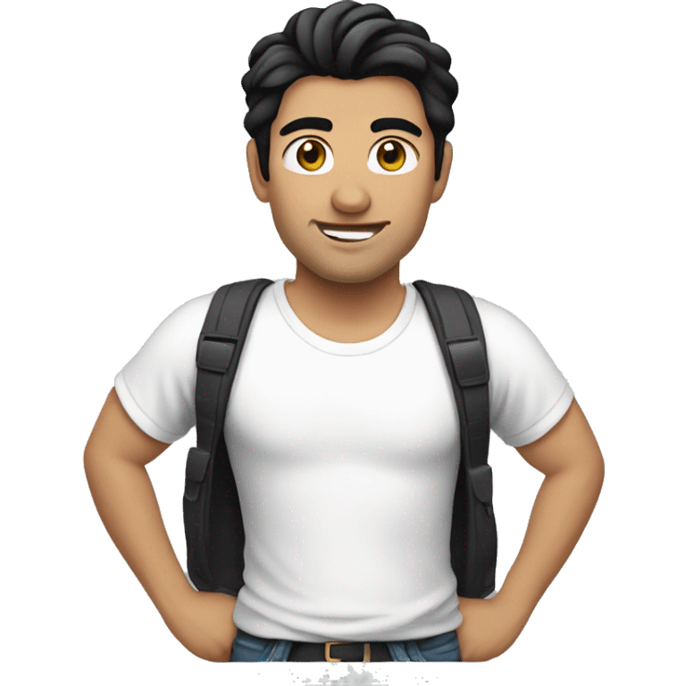 man with black hair, white T-shirt,  emoji