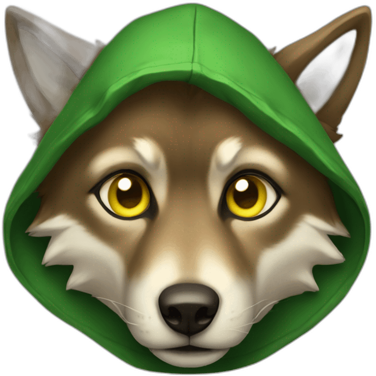 small brown wolf with yellow eyes and a green hood that sadly emoji