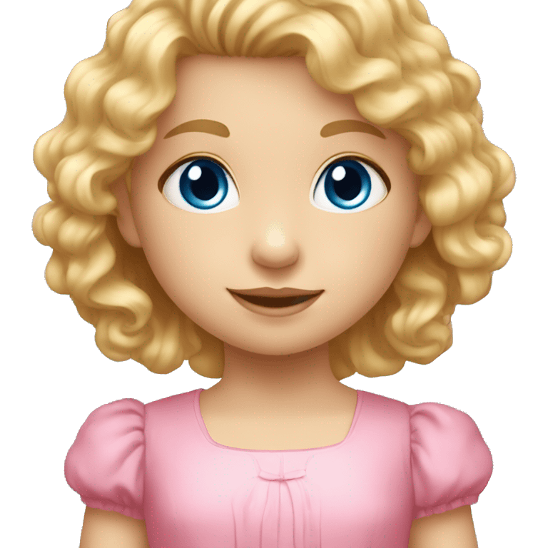 little girl, long curly blond hair, blue eyes, pink dress emoji