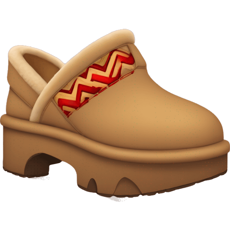 Ugg Camel slip-on slippers. red zig-zag stitch line encircling ankles, VERY chunky platform sole. emoji