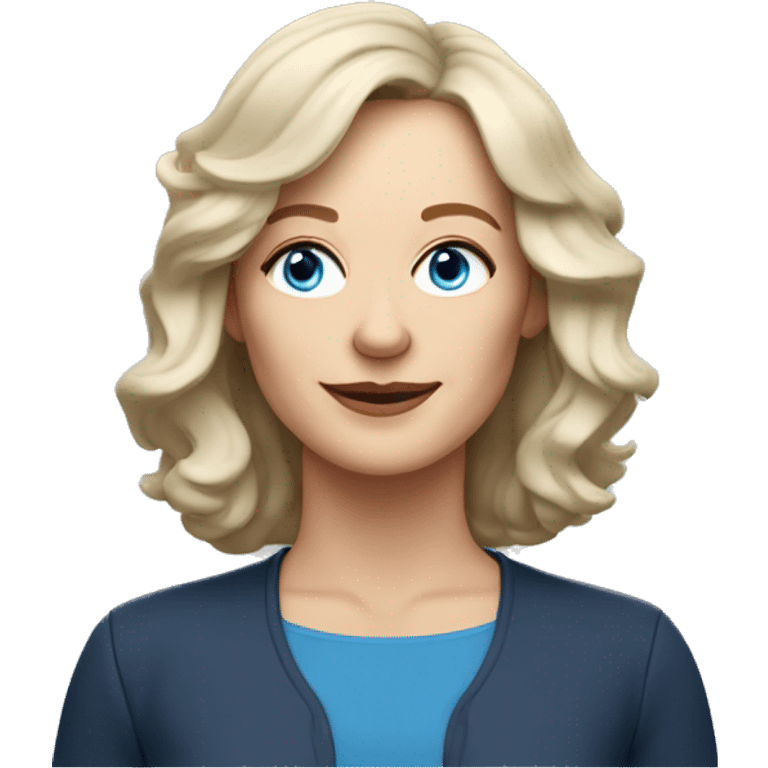 midlife white woman with blue eyes and layered shoulder length wavy hair and side swip bangs emoji