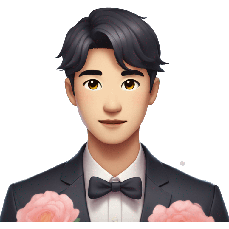 Gorgeous romantic anime style Asian formal modern gentlemanly guy with flowers and blushing face aesthetic trending style outside with colorful gradient colors emoji