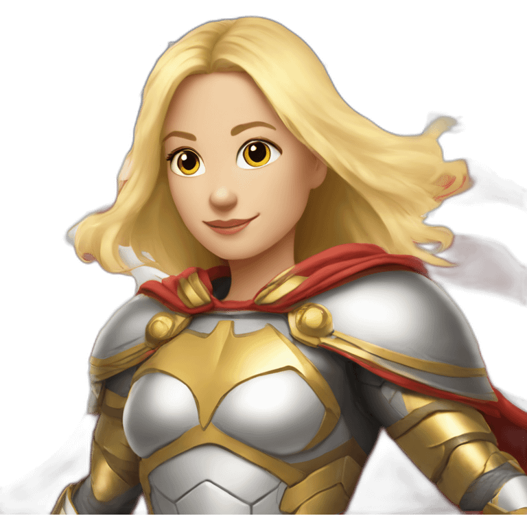 Super hero, girl, blonde, gold shoulder pad armor, American Flag for a cape, flying, horizontal emoji