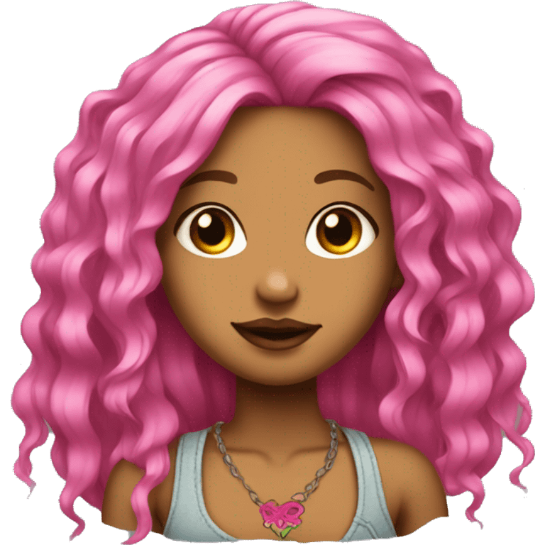 Tan girl with long neon pink hair tattoos emoji