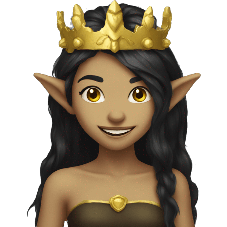 goblin girl with gold crown dark long dark hair big smile emoji