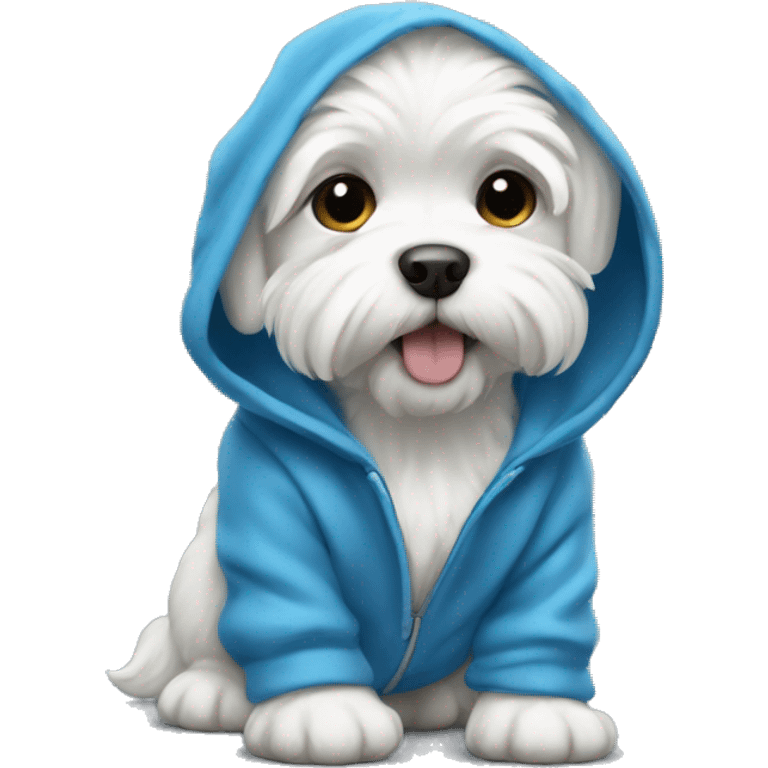 White maltese puppy using a blue hoodie emoji