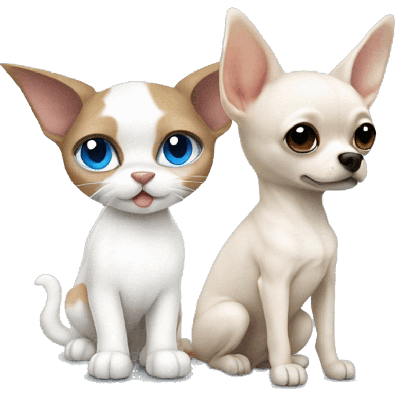 white cat blue eyes standing next to tan chihuahua with dark eyes  emoji