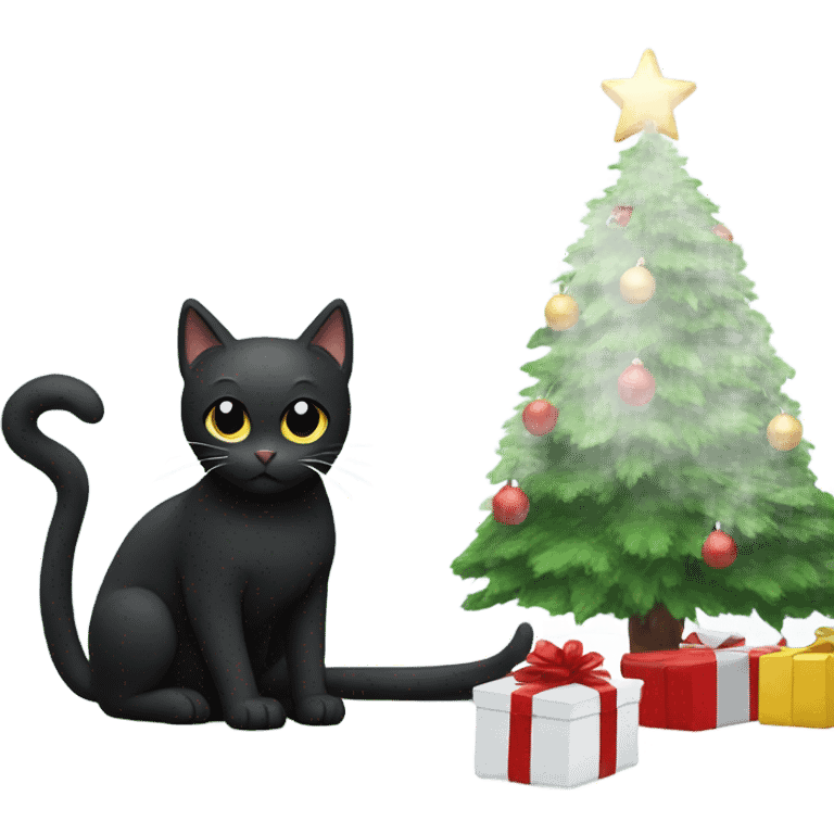 Black cat next to a white Christmas tree emoji