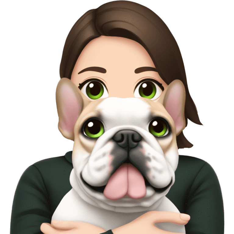 Brunette with dark green eyes in black sweater cuddling with her pied french bulldog who has black head with white line between eyes and pink harness emoji