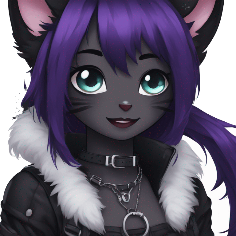 Gorgeous gothic dark techwear anime style anthro black cat furry with blushing face aesthetic and pretty edgy black with collar and harness trending style emoji