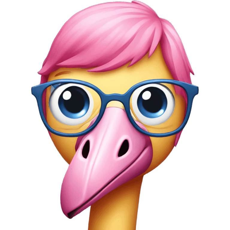 Blue flamingo with pink hair wearing feminine glasses emoji