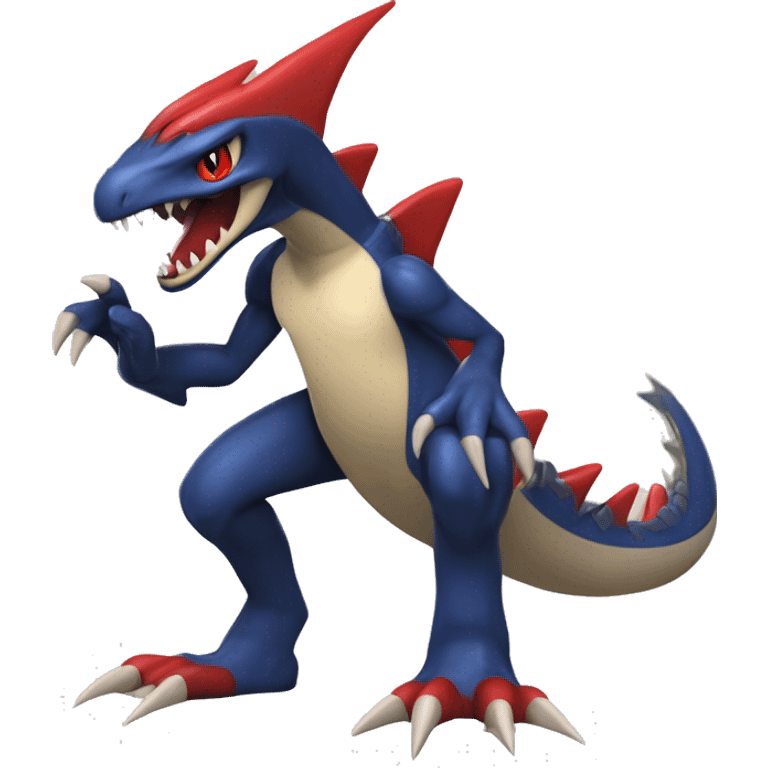 Dark blue, beige, red, Modern, Futuristic, Cool, Edgy, Badass Punk-style Garchomp-Charmeleon-Croconaw Fakémon-Digimon  full body emoji