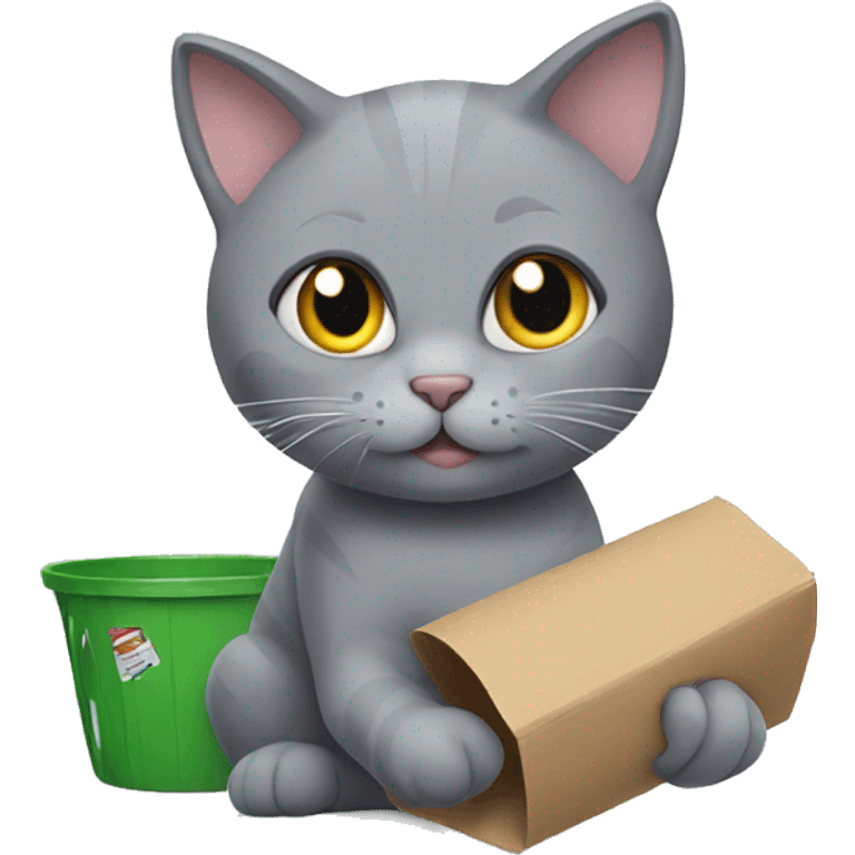 gray cat playing with trash emoji