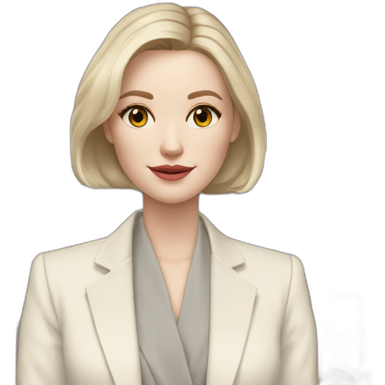 pale skin woman with ash blonde Straightened bob Hair, White Spacious classical jacket, beige palazzo Arrow pants and gray blouse holding a color palette in the hands emoji