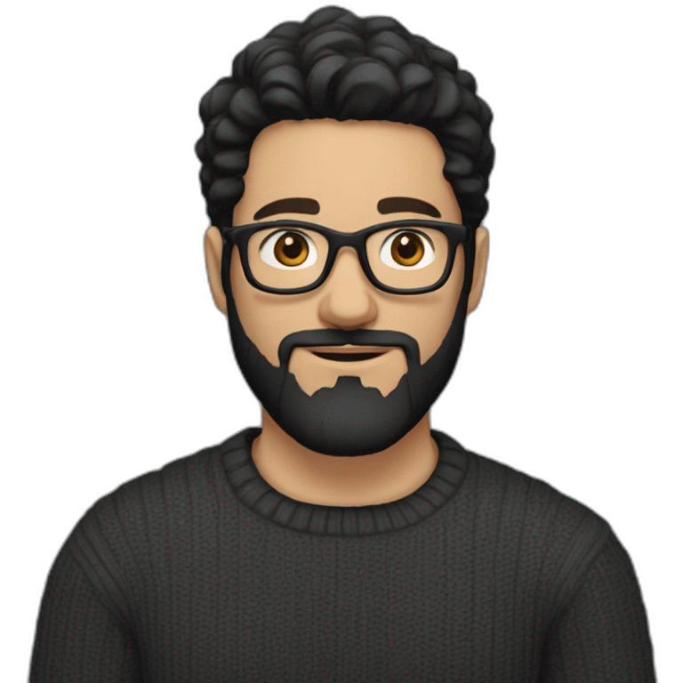 A young white man with black hair styled to the side, a beard and wearing dark grey glasses and a black sweater emoji