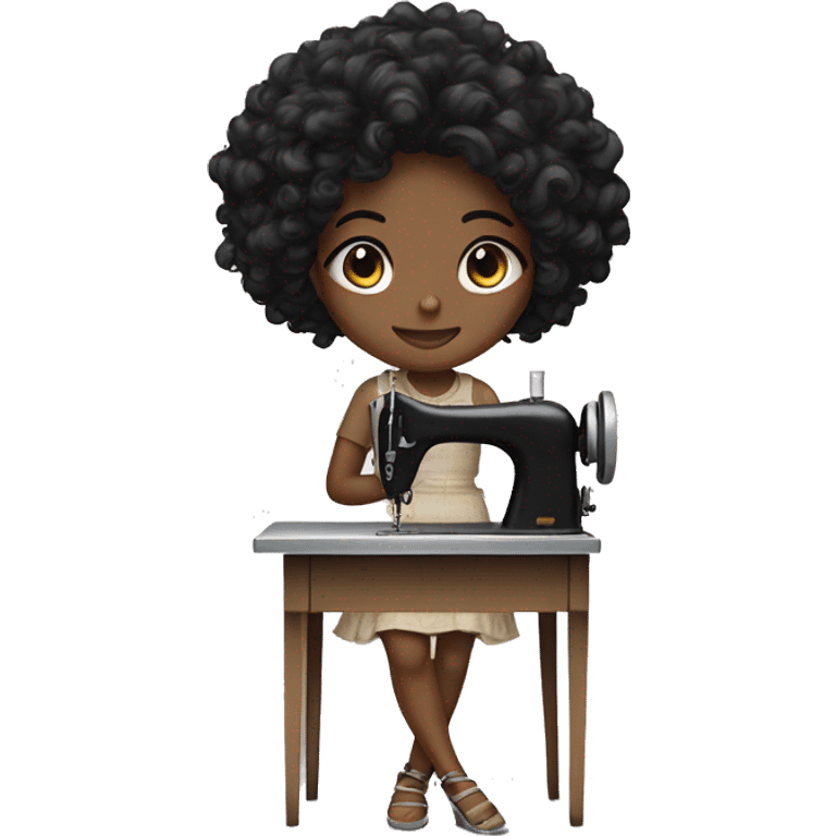 Black girl with curly black hair medium length with sewing machine  emoji