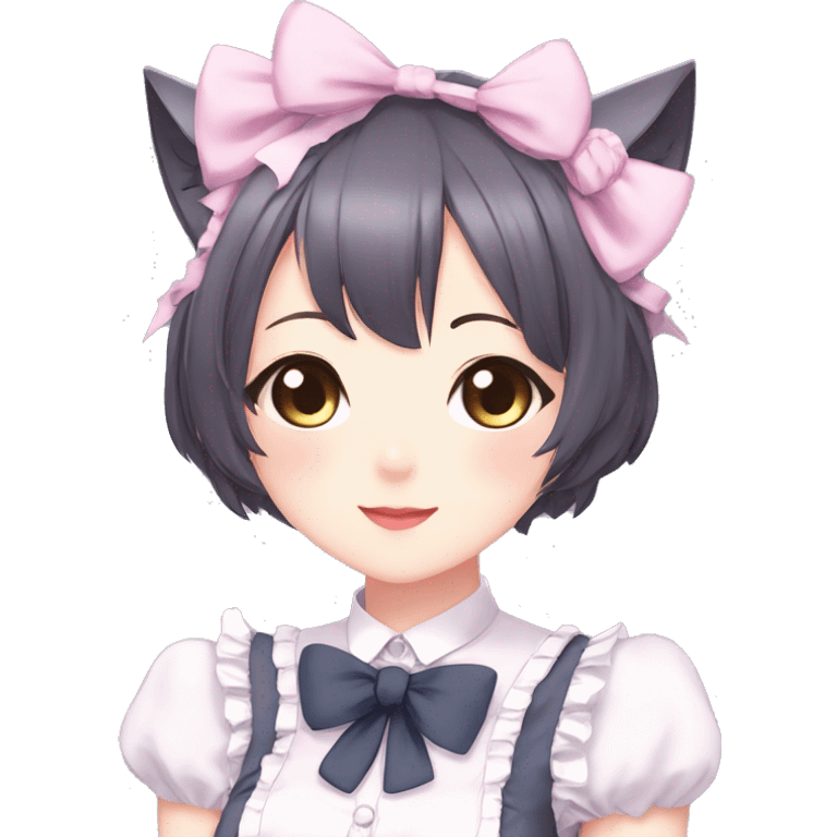 Gorgeous anime style catgirl with blushing face with maid outfit bow tie idol model kawaiicore pearly petite simplistic aesthetic trending style emoji