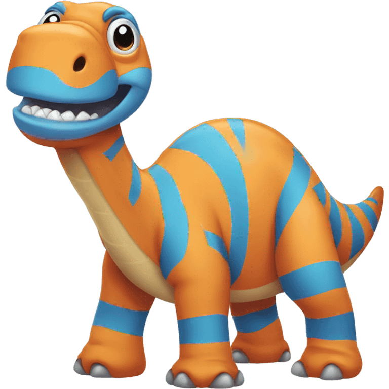 orange brontosaurus with blue stripes on his back looking happy emoji