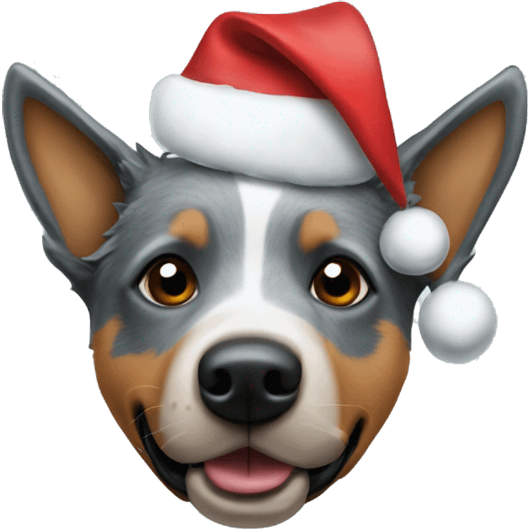 Blue heeler dog with a Christmas hat emoji